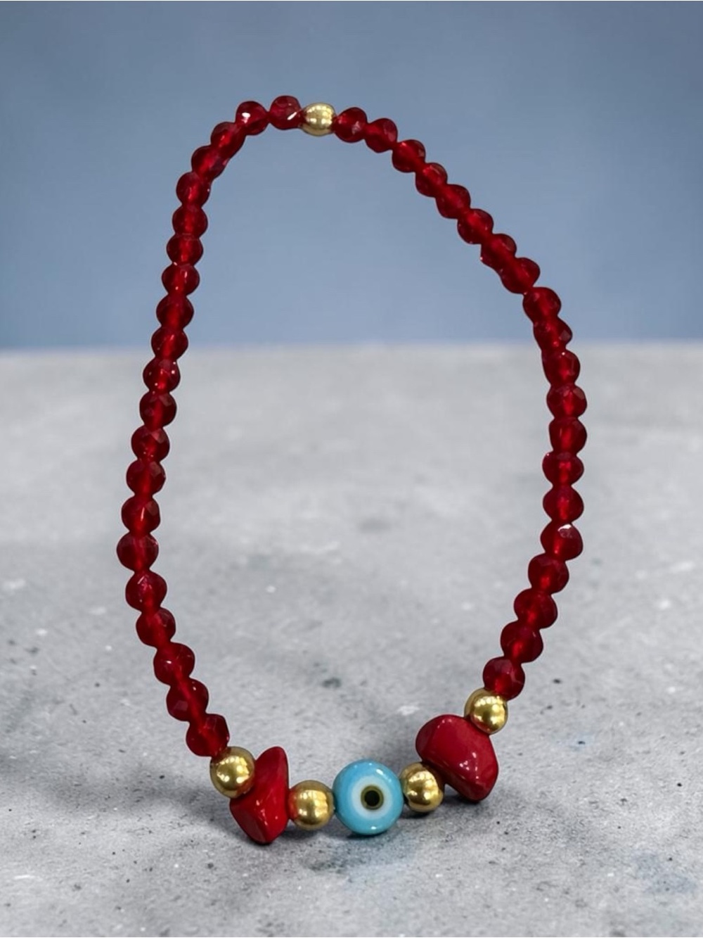 Red Crystal Evil  Eye and 2 side corals elastic bracelets